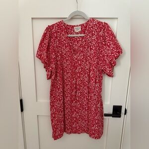 Red and White Puff Sleeve Mini Dress